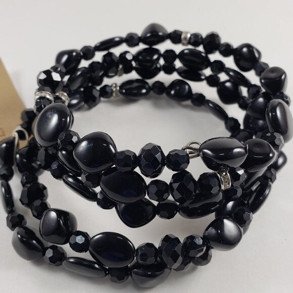 ERICA LYONS, Women's Stunning Silver tone & Black Beaded Coil/Wrap Bracelet, 7" - Picture 2 of 4